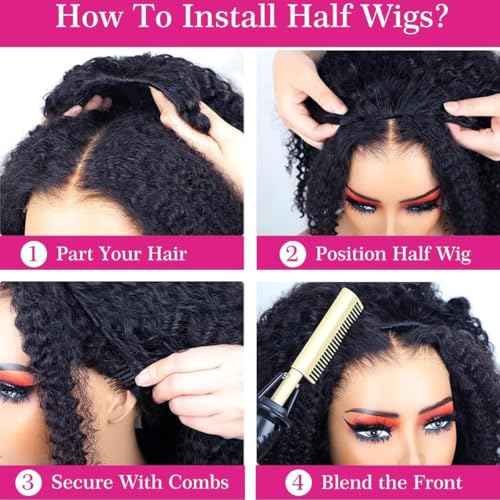 Kinky Curly Half Wig Human Hair 200% Density 3 In 1 Seamless Flip Over Half Wigs Human Hair Glueless Wear and Go Beginner Friendly Kinky Curly Wig Human Hair Drawstring Headband Wig for Women 20 Inch