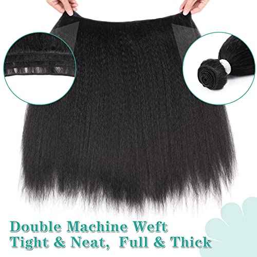 HANNE Kinky Straight Bundles with Lace Closure Yaki Long Straight Hair Bundle for Black Women Heat Resistant 3 Bundles with Closure Hair Extensions (18 20 22 Black)