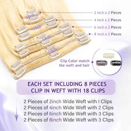 Clip in Hair Extensions Real Human Hair, 18inch 100g, 100% Brazilian Remy Human Hair Clip ins for Women, Straight Seamless Double Weft Hair Extensions, Invisible 8pcs, #613 Bleach Blonde