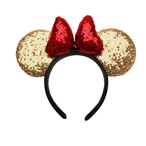 YOVECATHOU Mouse Deluxe Ear Bow Headbands Sequins Hairbands Women Hair Accessories For Cosplay Costume Party (Gold Red)