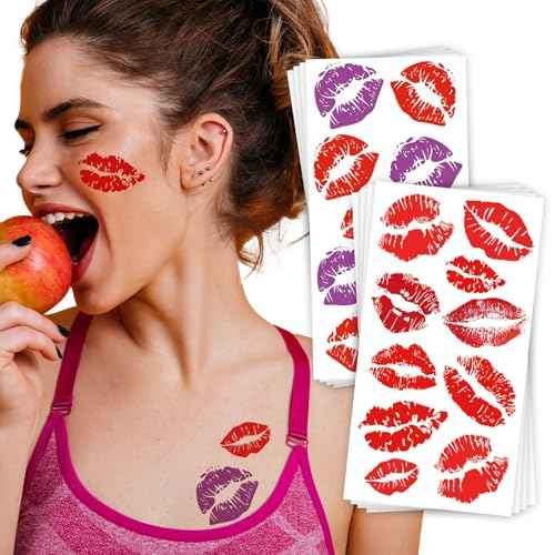 Kiss Lips Temporary Tattoos ? 8 Sheets Kiss Mark Temporary Tattoos for Women Men ? Ideal for Halloween, Festivals, Parties, Mother's Day, Valentine's Day