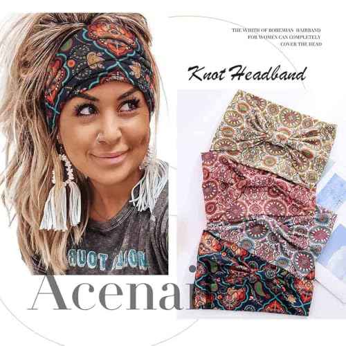 Acenail Wide Headbands Women Boho Turban Knotted Headband Floral Elastic Non Slip Hairband Workout Yoga Head Scarfs Bohemian Headwraps Fashion Hair Accessories for Women 4Pcs (Stylish)