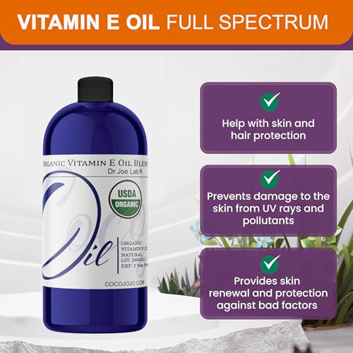 Dr Joe Lab Organic Vitamin E Oil for Skin, Vitamin E Oil for Hair, Face, Liquid Body Oil, Pure Natural Cold Pressed Unrefined, Moisturizes & Nourishes, Non-GMO - 32 Oz