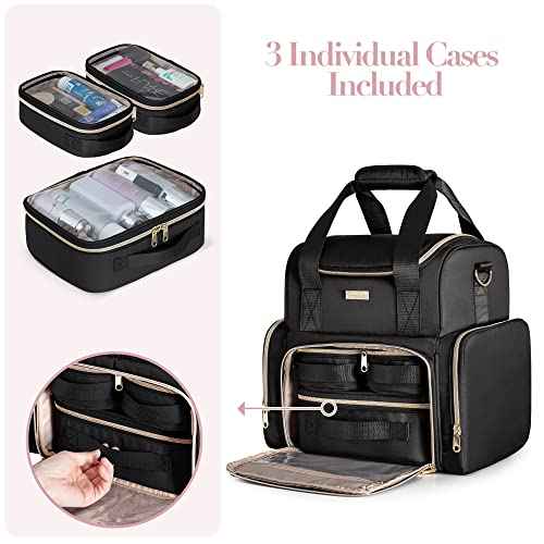 Large Cosmetic Bag with 3 Removable Case, Double Layer Travel Organizer with Inner Dividers and Makeup Brushes Storage Section, Black (Patented Design)