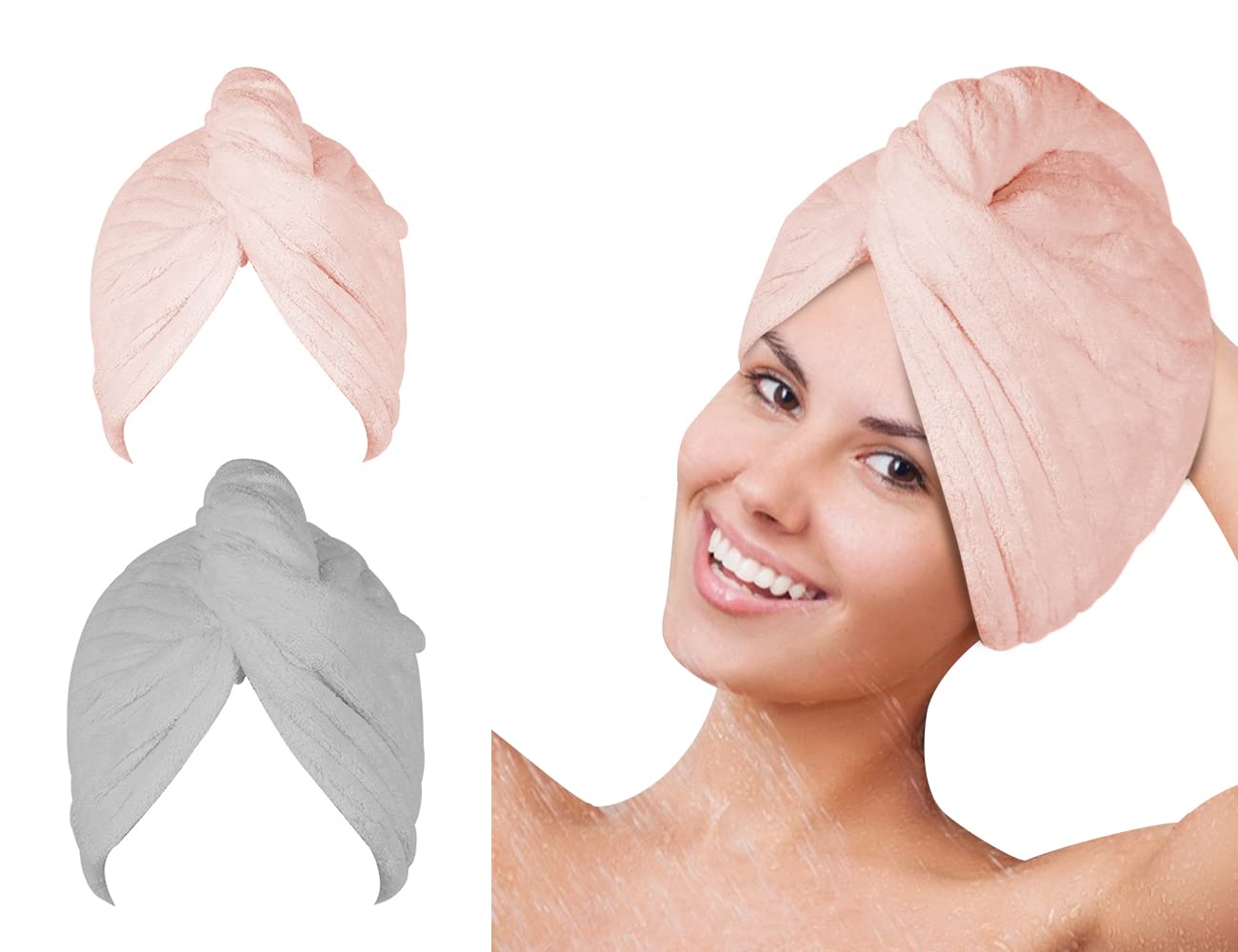 SYMGILA Microfiber Hair Towel Wrap, Hair Turbans for Wet Hair, Drying Hair Wrap Towels for Curly Hair Women Anti Frizz 2 Pack(Pink/Grey)