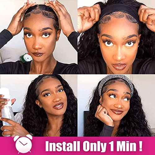 AISI QUEENS Headband Wig Human Hair For Black Women Curly Wigs Glueless Human Hair Short Curly Headband Wigs (12 Inch, Curly Headband Wigs)