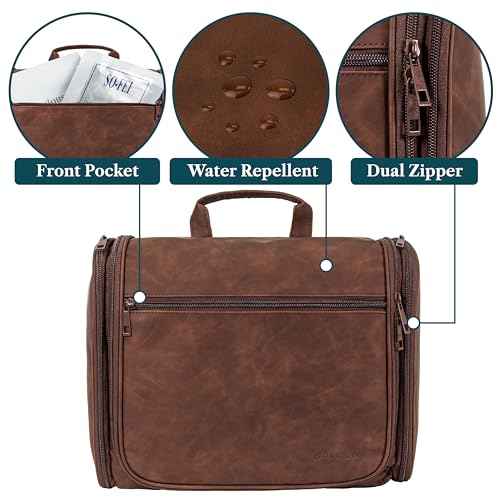 PAVILIA Large Hanging Toiletry Bag Travel Bag Women Men, PU Leather Cosmetic Organizer, Water Resistant Makeup Bag Accessories Toiletries, Travel Essentials Kit, Brown