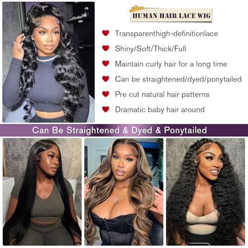 30 Inch 13x6 Body Wave Lace Front Wigs Human Hair 180 Density HD Lace Frontal Wigs Human Hair Pre Plucked Human hair Wig for Women Natural Black