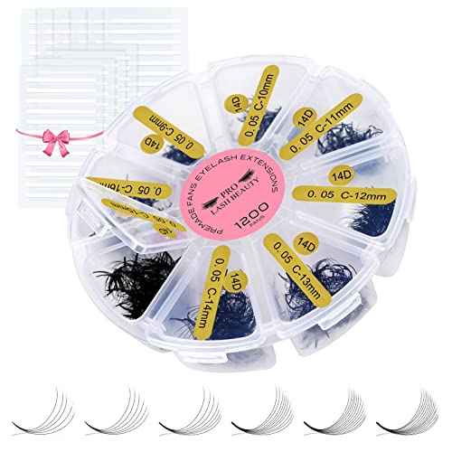 1200 Fans Premade Fans Eyelash Extensions Premade Volume Lash Extension Mixed Tray From 5D to 14D Handmade Lashes Bulk Promade Fans Soft Pointed Fans 14D-C-0.05-9-16mix