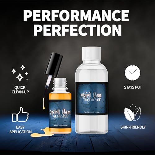 CHASPA Spirit Gum Adhesive and Remover Kit: Professional Cosmetic Glue for Face Skin Body, Prosaide Prosthetic Adhesive Glue for Halloween Makeup, SFX, Stage, Fake Beards, Bald Cap, Mustache