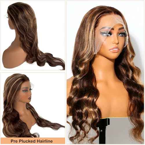 HD Transparent Lace Front Wig Human Hair 28Inch 13x4 Highlight Lace Frontal Wigs Human Hair Pre Plucked 180% Density 4/27 Honey Blonde Body Wave Wigs for Women