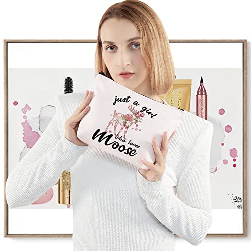 LEVLO Funny Moose Cosmetic Make up Bag Animal Lover Gift Just A Girl Who Loves Moose Makeup Zipper Pouch Bag Moose Lover Gift For Women Girls (Just Moose Bag)