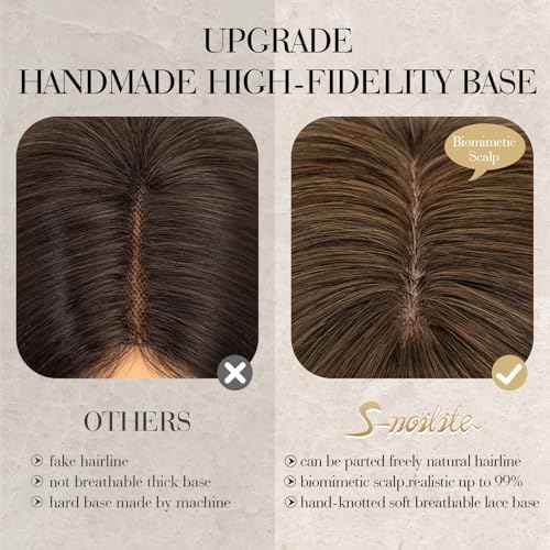 S-noilite Hair Toppers for Women Real Human Hair, 100% Human Hair Toppers with Bangs for Thin Hair, 3.5"*4.7" Handmade Nature-mimicking Scalp Base 12¡± Natural Brown