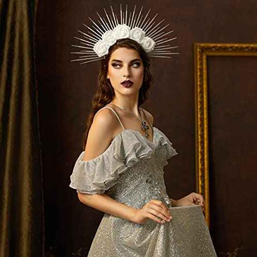Fantherin Halo Crown with Roses Womens Mexican Flower Goddess Rose Spiked Sun Headpiece for Cosplay Halloween Costume