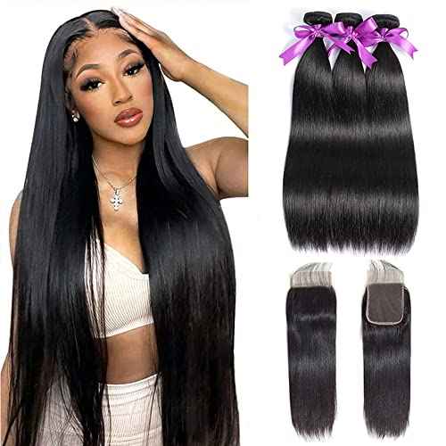 Straight Bundles with Closure Human Hair 16 18 20+14 Brazilian Human Hair Bundles with Closure Straight 100% Unprocessed Virgin Weave Hair Bundles with Lace Closure