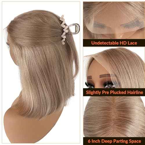 Ash Blonde Bob 13x6 HD Lace Front Wigs Human Hair 180% Density Blonde Bob Wig Human Hair Deep Part 14 Inch Silky Straight Ash Blond Wig for Black Women Pre Plucked Hairline