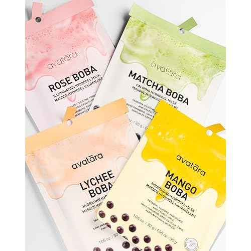 Avatara Boba Goals 4-Pack Variety Hydrogel Mask Set, Rose Boba, Matcha Boba, Mango Boba & Lychee Boba | 1.05 fl. oz / 30 g