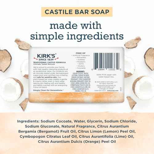 Kirk's Castile Bar Soap for Men, Women & Children - Made with Premium Coconut Oil, Sensitive Skin Formula- Vegan & Non GMO- Citrus Twist- 4 oz. Bars 6 Pack