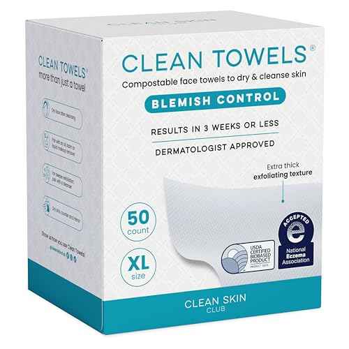 Clean Skin Club Blemish Control Clean Towels¢ç XL, Compostable Face Towels, Light Exfoliation for Oily Skin, Eczema Association Accepted Disposable Face Towelette, Makeup Remover Dry Wipes, 50 count