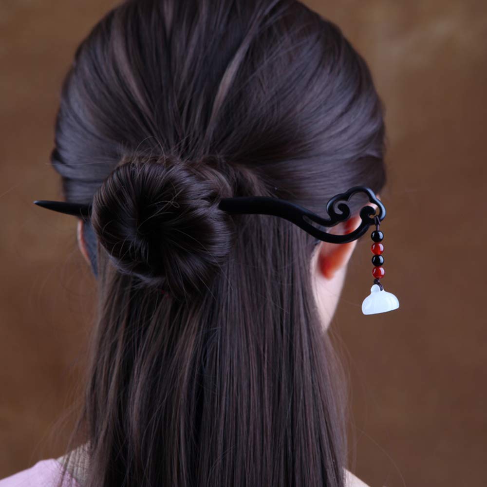 TOP SEWING Chinese Jade Retro Handmade Wooden Hairpin Classical White Lotus Hair Sticks Headdress Hair Chopsticks for Long Hair Party Daily