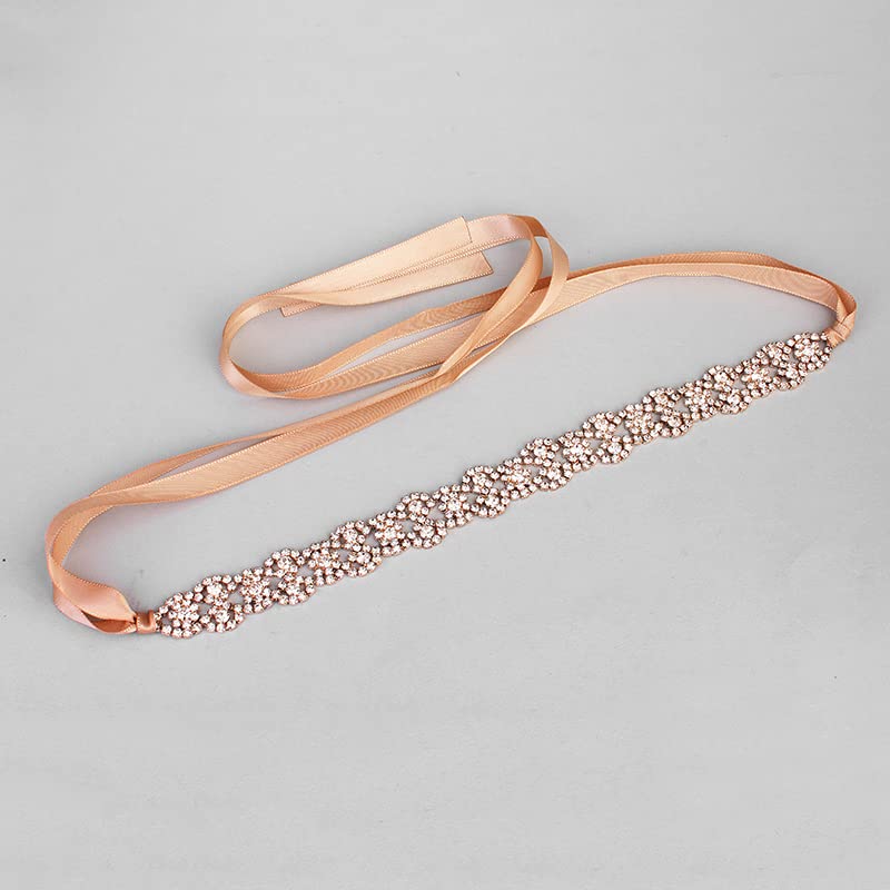 Rose Gold Bridal Headpiece Crystal Wedding Headband Hair Jewelry For Bride and Bridesmaid Hair Vine with Champagne Ribbon