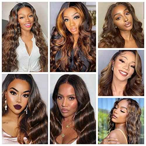 Body Wave Virgin Human Hair 3 Bundles Highlight Brown 14-18 inch 10A Brazilian Human Hair Extensions Ombre Color Body Wavy Human Hair Weave F1B/30 Color (FB30, 14 16 18)