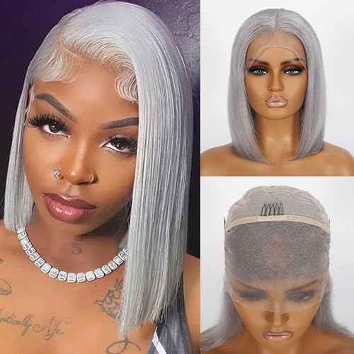 Grey Bob Wig Human Hair 180% Density 13x4 Transparent Lace Frontal Human Hair Wigs for Black Women Pre Plucked 100% Brazilian Virgin Human Hair 8 Inch Grey Color Glueless Short Bob Wig
