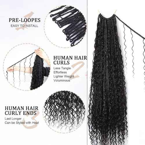 Crochet Boho Box Braids With Human Hair Pre Looped Hair Goddess Box Braids With Human Hair Curly Full Ends Hair Extensions For Women Natural Black Color 24inch 1 Pack(40 Strands)