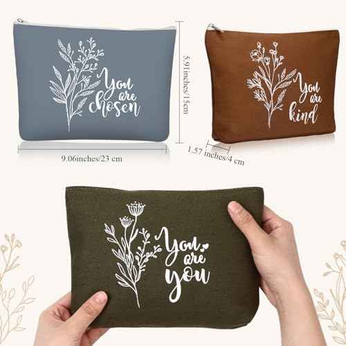 Coume 10 Pcs Boho Flower Canvas Makeup Bags Bulk Aesthetic Inspirational Quotes Cosmetic Zipper Personalized Encouragement Travel Pouch Toiletry Bag Women Teacher Friend Birthday Gifts
