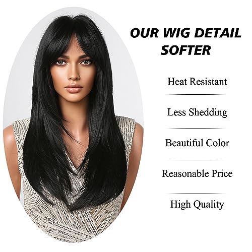 testar Black Wigs For Women Long Straight Black Wigs With Curtain Bangs Synthetic Heat Resistant Layered Wig Natural Looking Wigs For Daily Party Use 24 Inch