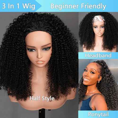 Kinky Curly 3 In 1 Half Wig Human Hair 200% Density Wear Go Glueless Wigs Human Hair for Women 16 Inch Afro Curly Seamless Flip Wig Invisible Hairline Beginner Friendly