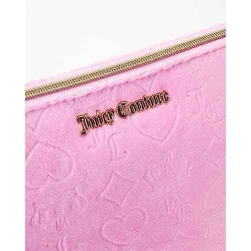 Juicy Couture Pink Makeup Bag Cosmetics Organizer Travel Essentials Zip Top Wedge Velour Heart Crown