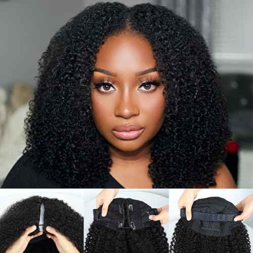 Domiso 22 Inch V Part Wig Human Hair Upgraded Afro Kinky Curly V Part Wigs Pre-Minimum Leave Out Anti Slip Elastic Band & Removable Clips Glueless Wigs 200% Density Half Wig Beginner Wigs