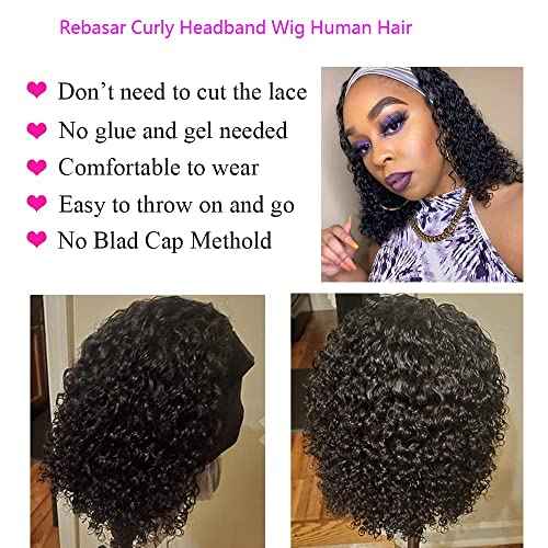 Rebasar Curly Headband Wig Human Hair Wigs for Black Women Human Hair 22 Inch Long No Lace Front Wigs Human Hair Glueless Deep Wave Headband Wigs Natural Black Color Half Wig with Headband