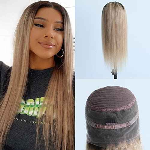 Pre-plucked Ombre #1B/27 Dark Root Honey Blonde 360 Lace Frontal Wigs Straight Glueless 150% Density Brazilian Virgin Human Hair With Baby Hair Full (12" inch, Straight)