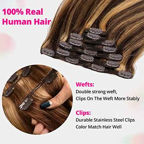 Asteria Hair Clip In Hair Extensions Real Human Hair for Women Highlights Chocolate Brown to Caramel Blonde Colored Hair Extensions Straight Hair 7pcs 120g 20 Inch