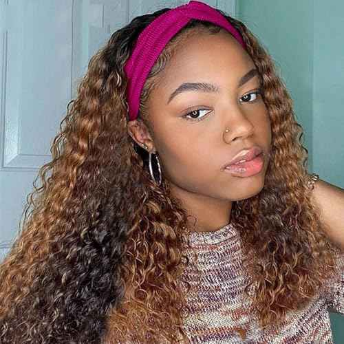 Ombre Headband Wig Human Hair Deep Wave 4/27 Highlight Curly Human Hair Wigs for Black Women Glueless None Lace Front Brazilian Virgin Hair Wear and Go 24 Inch