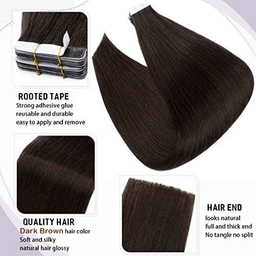 S-noilite 20Pcs 60g Remy Tape in Hair Extensions Human Hair Seamless Skin Weft Invisible Double Sided Glue in hair for women Silky Straight 24 Inch #02 Dark Brown Color