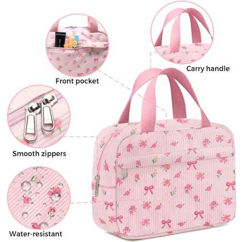 Small Makeup Bag for Purse Cute Corduroy Cosmetic Pouch with Zipper Travel Toiletry Bag for Women(Flower bow pink)
