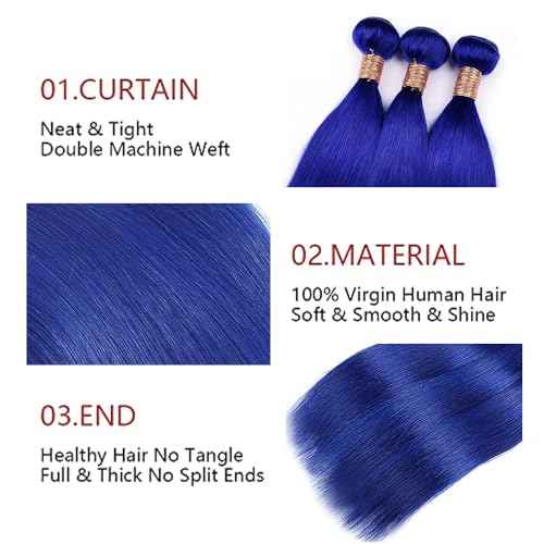 Color Blue Straight Bundles Pure Blue Human Hair Bundles 28 30 32 Inch 8A Brazilian Virgin Remy 3 Bundles Double Weft Soft Real Pure Blue Hair Extensions