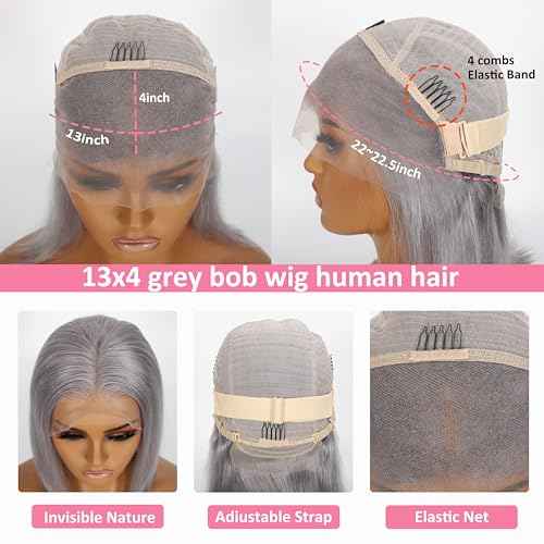 Grey Bob Wig Human Hair 180% Density 13x4 Transparent Lace Frontal Human Hair Wigs for Black Women Pre Plucked 100% Brazilian Virgin Human Hair 8 Inch Grey Color Glueless Short Bob Wig