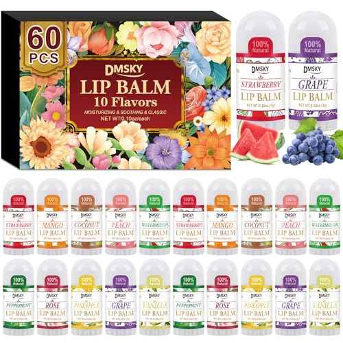 DMSKY Mini Lip Balm 60 Pack, Natural Lip Balm Bulk with Vitamin E and Coconut Oil, Moisturizing Lip Balms for Dry Cracked lips - 10 Flavors