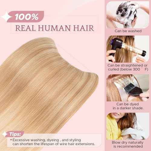 SEGO Invisible Wire Hair Extensions, Real Human Halo Hair Adjustable Wire Extensions, 2 Clips for Women Transparent Fish Line Extensions, Add Length, 20 inches, Gold Blonde Mixed Bleach Blonde, 70g