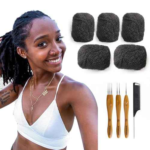 Tight Afro Kinky Bulk 100 £¥ Human Hair for Draedlock Extensions, Repair Locs, Twists and Braids (14 Inch, Natural Black, 5 Bundles with Crochet Needle Set and Rat Tail Comb)