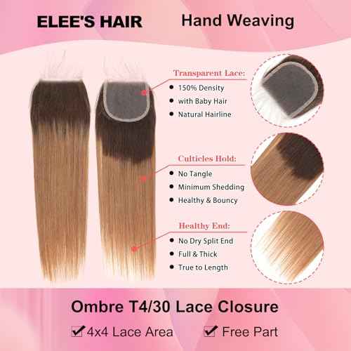 Ombre Straight Hair Bundles With Closure 12A Brazilian Virgin Remy Human Hair 2 Tone T4/30 Ombre Straight Human Hair Bundles with 4x4 Lace Closure Free Part (12 14 16 +12)