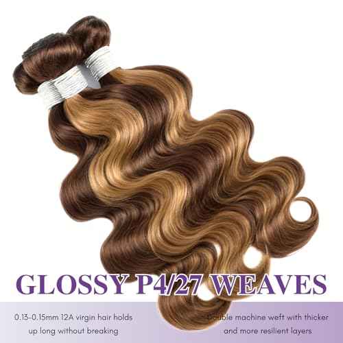 12A Highlight Honey Blonde 3 Bundles with 5x5 Closure Human Hair Body Wave, #P4/27 Ombre Brown Piano Colored Weaves Brazilian Virgin Bundles With 5x5 HD Lace Closure Pre Plucked Remy 10 12 14+10