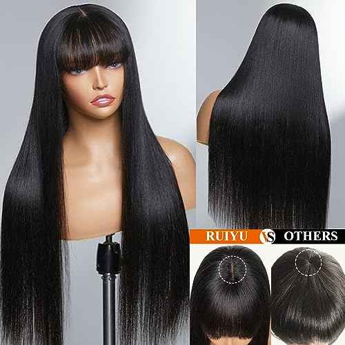 Ruiyu Straight Human Hair Wigs with Bangs 180% Density 2x4 Lace Front Wigs with Bangs Closure Wear and Go Glueless Wigs 100% Brazilian Virgin Human Hair Wigs for Women 18 Inch