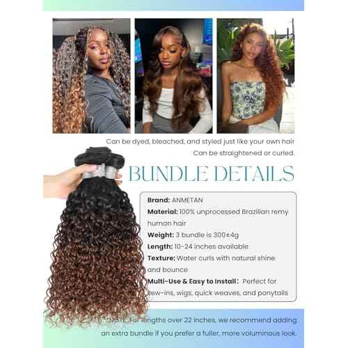 Ombre Human Hair Bundles with Closure 4x4 Water Wave, #T1B/2/30 Chestnut Ombre Brown Wet and Wavy Curly Remy Hair 3 Bundles and 4x4 HD Lace Closure Free Part 10/12/14+10 Inch Dark Roots Weave