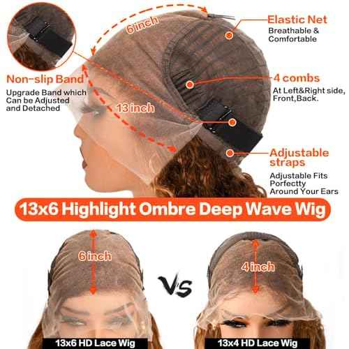 Ombre Lace Front Wig Human Hair 180% Density 4/27 Honey Blonde 13x6 Deep Wave Lace Front Wigs Wet and Wavy Curly Glueless Wigs Human Hair Pre Plucked with Baby Hair (Highlight, 26 Inch)