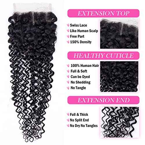 Brazilian Curly Human Hair Bundles with Closure 10A Kinky Curly Bundles and Closure Unprocessed Virgin 3 Bundles with 4x4 Lace Closure Kinky Curly Weave Human Hair Bundles(18 20 22+16) Natural Color